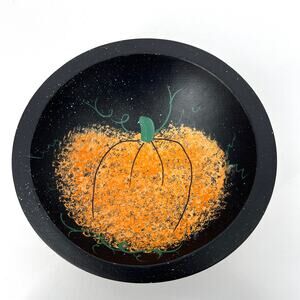 VTG 1999 Hand Painted Pumpkin Wooden Bowl Nicholas Street Collectible Folk Art